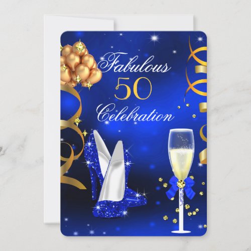 Fabulous Champagne Party Royal Blue Heels Gold Invitation