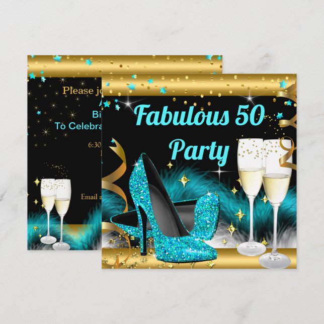 Fabulous Champagne Party Teal Blue High Heels Invitation (Front/Back)