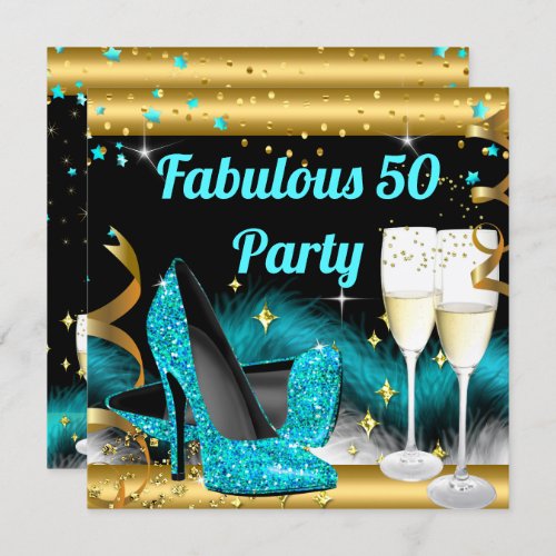 Fabulous Champagne Party Teal Blue High Heels Invitation