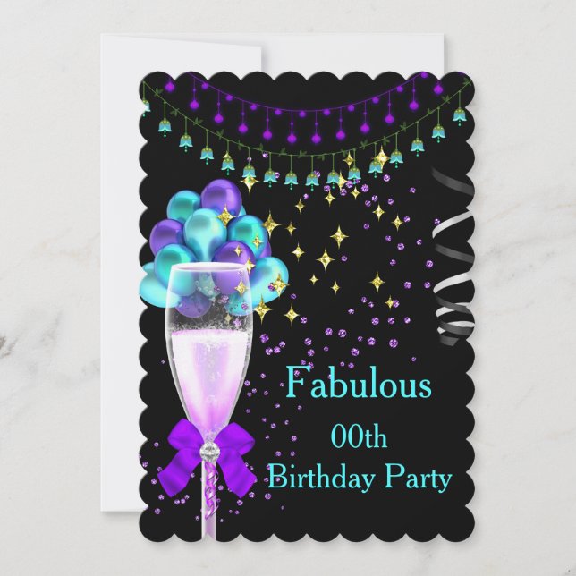 Fabulous Champagne Purple Teal Birthday Party Invitation (Front)
