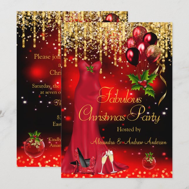 Fabulous Christmas Holiday Party Red Glitter Gold  Invitation (Front/Back)
