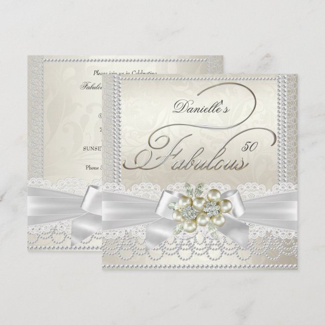 Fabulous Cream White Pearl Lace Damask Diamond Invitation (Front/Back)