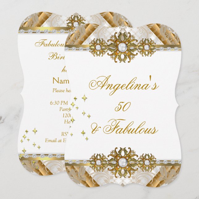 Fabulous Damask Gold White Birthday Party Invitation (Front/Back)