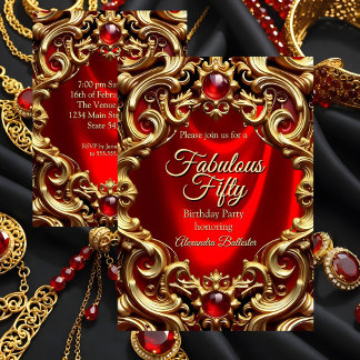 Fabulous Elegant Birthday Gold Red Silk Gems Invitation