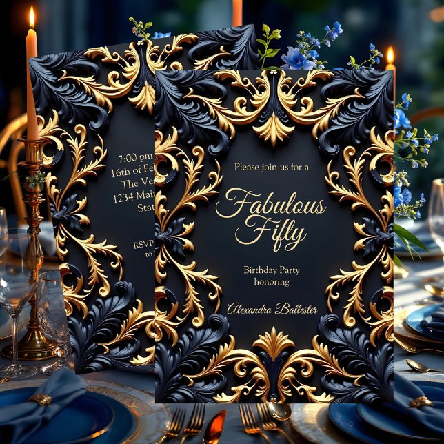 Fabulous Elegant Birthday Party Gold Blue Black Invitation (Creator Uploaded)