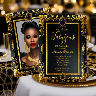 Fabulous Elegant Birthday Photo Gold Black Jewels Invitation