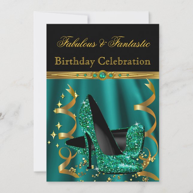 Fabulous Emerald Green Gold Heels Birthday Party Invitation (Front)