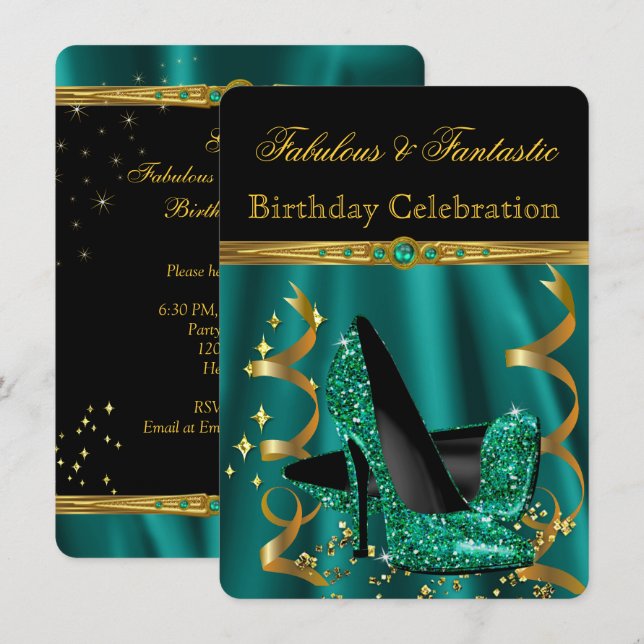 Fabulous Emerald Green Gold Heels Birthday Party Invitation (Front/Back)