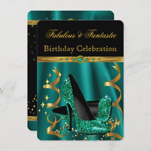 Fabulous Emerald Green Gold Heels Birthday Party Invitation