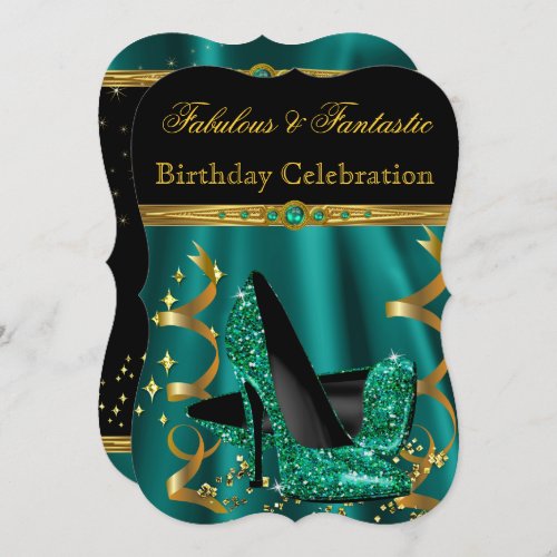 Fabulous Emerald Green Gold Heels Birthday Party Invitation