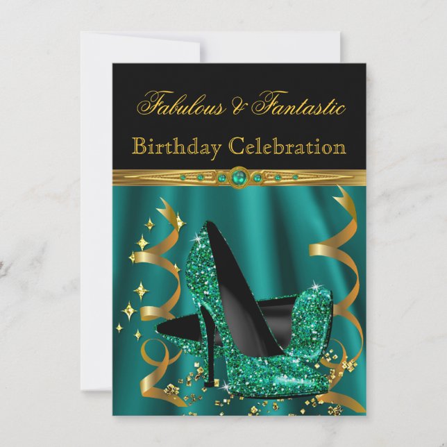 Fabulous Emerald Green Gold Heels Birthday Party Invitation (Front)