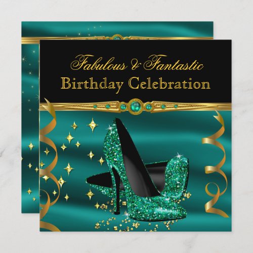 Fabulous Emerald Green Heels Gold Birthday Party Invitation