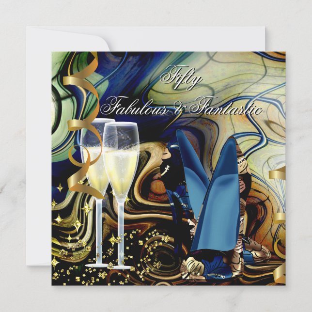 Fabulous Fantastic Abstract Blue Gold Beige Party Invitation (Front)