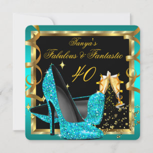 Fabulous Fantastic Modern Teal Blue Black Gold Invitation