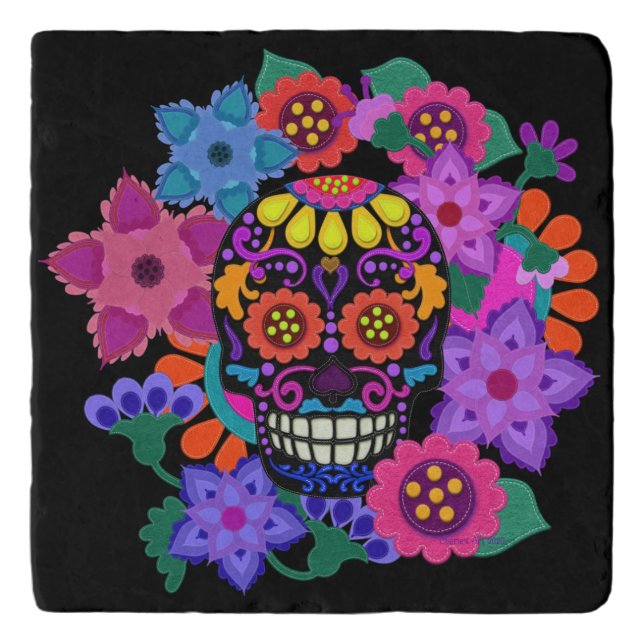 Fabulous Felt Look Sugar Skull Beautiful Trivet (Front)