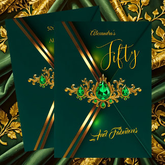 Fabulous Fifty Birthday Emerald Green Gold Gems Invitation