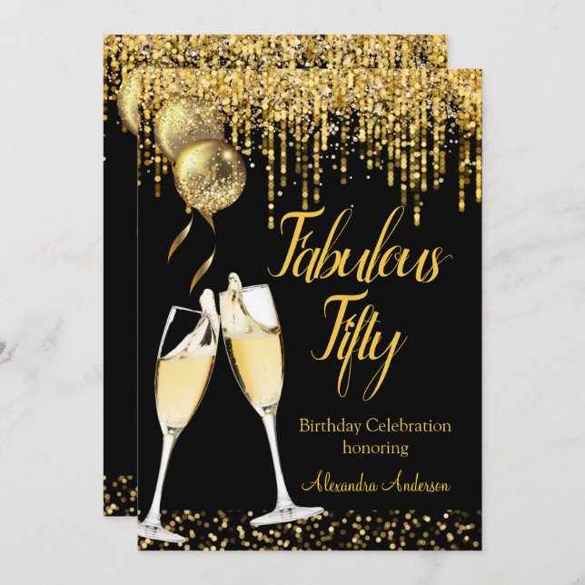 Fabulous Fifty Birthday Glitter Gold Champagne 2 Invitation (Front/Back)