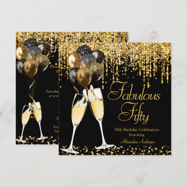 Fabulous Fifty Birthday Glitter Gold Champagne SQ Invitation (Front/Back)