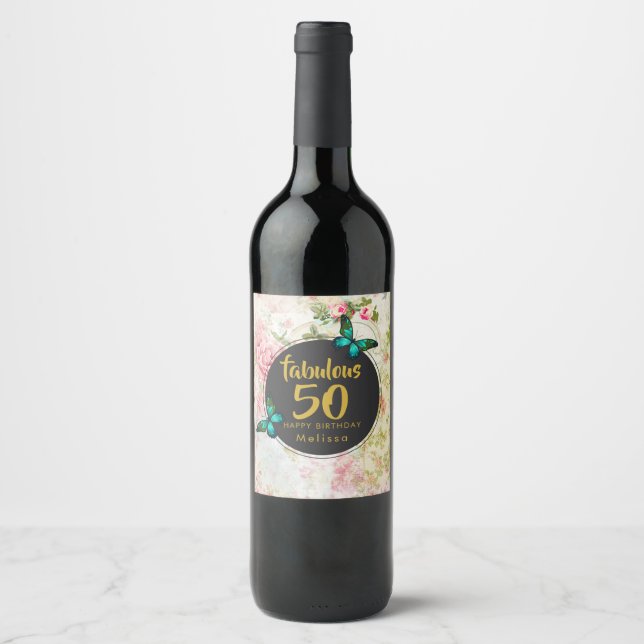 Fabulous Fifty Butterflies on Vintage Collage Wine Label (Front)