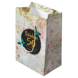 Fabulous Fifty Butterfly on Vintage Collage Medium Gift Bag