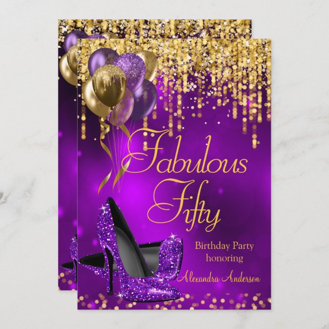 Fabulous Fifty Party Purple Glitter Gold High Heel Invitation (Front/Back)