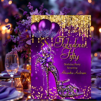 Fabulous Fifty Party Purple Glitter Gold Stiletto Invitation