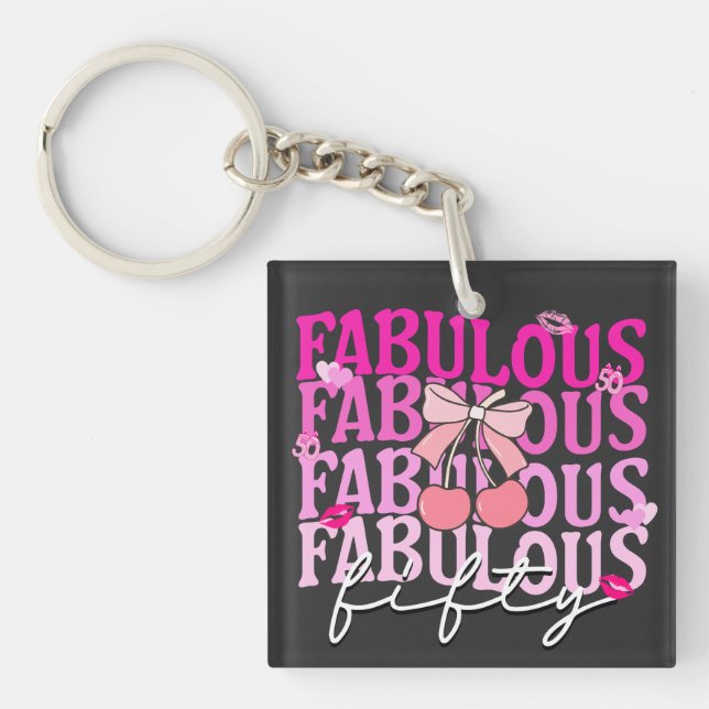 Fabulous Fifty Pink Gradient Cherry Bow Birthday Keychain (Front)