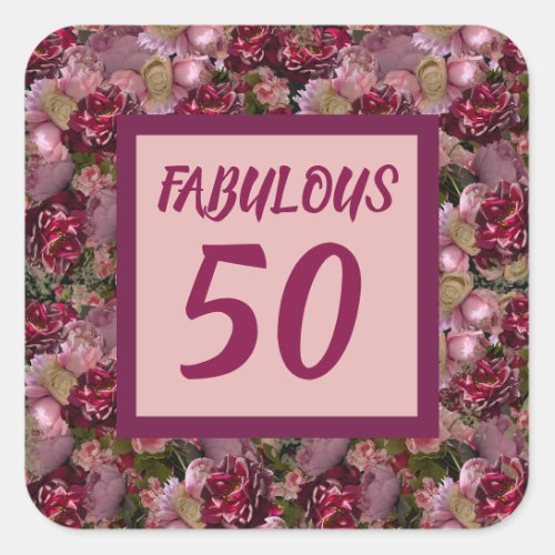 Fabulous Fifty Pink Vintage Roses Square Sticker