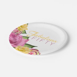 Fabulous Fifty Pink | Yellow Floral 50th Birthday Paper Plate