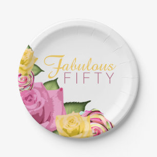Fabulous Fifty Pink   Yellow Floral 50th Birthday Paper Plates