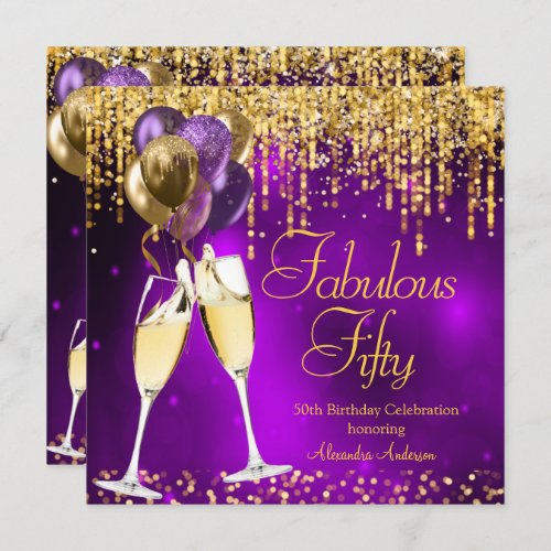 Fabulous Fifty Purple Glitter Gold Champagne SQ Invitation