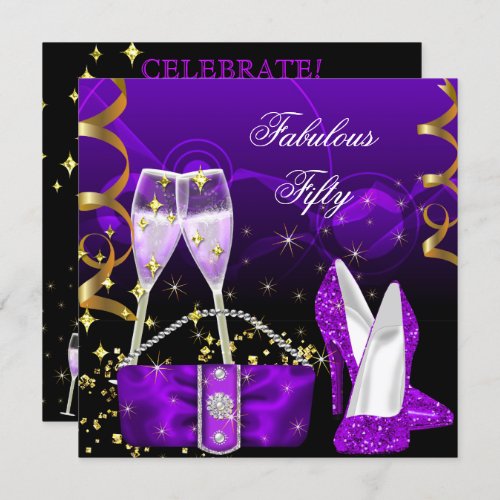 Fabulous Fifty Purple Glitter High Heels Party Invitation