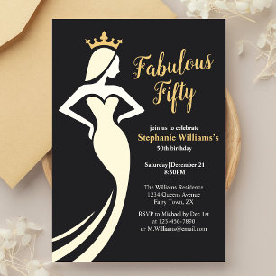 Fabulous Fifty Queen Golden Black 50th Birthday Invitation
