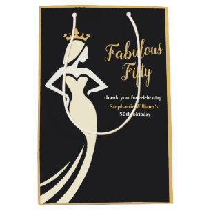 Fabulous Fifty Queen Golden Black 50th Birthday Medium Gift Bag