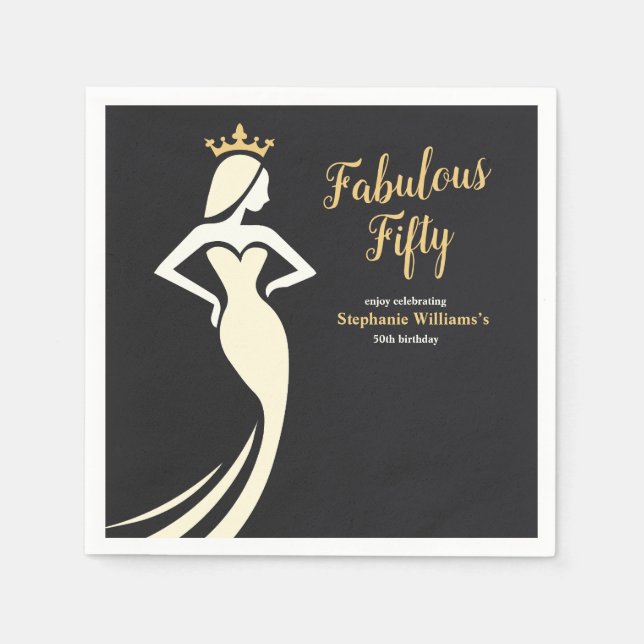 Fabulous Fifty Queen Golden Black 50th Birthday Napkins (Front)