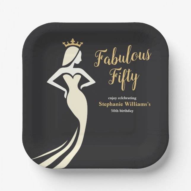 Fabulous Fifty Queen Golden Black 50th Birthday Paper Plates (Front)