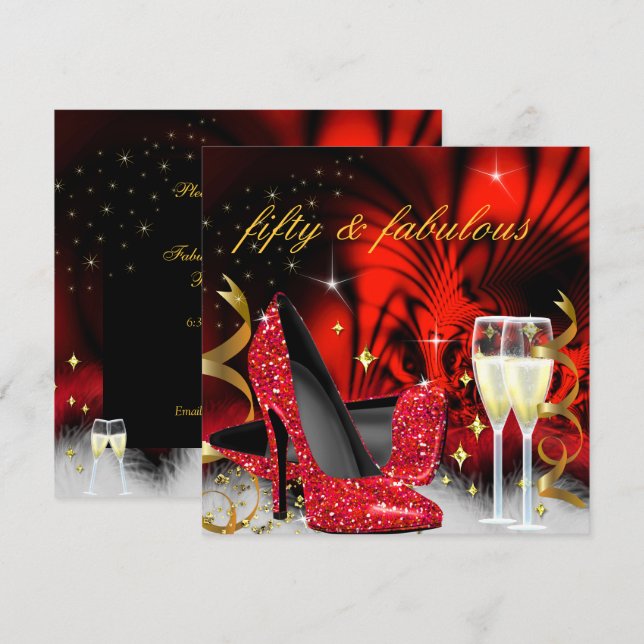 Fabulous fifty Red Black High Heels Gold Party Invitation (Front/Back)