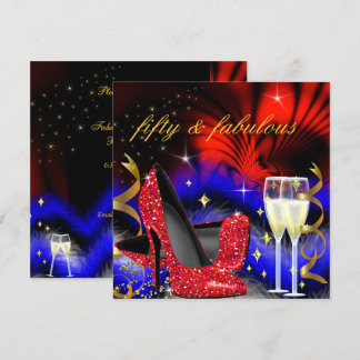 Fabulous fifty Red Royal Blue High Heels Gold Invitation