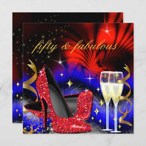 Fabulous fifty Red Royal Blue High Heels Gold Invitation