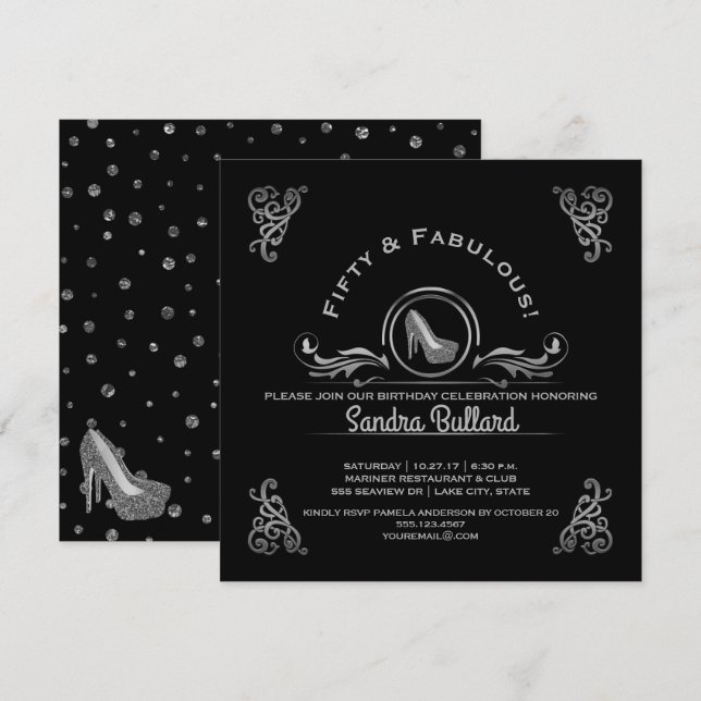 Fabulous Fifty Silver High Heels Birthday Party Invitation (Front/Back)