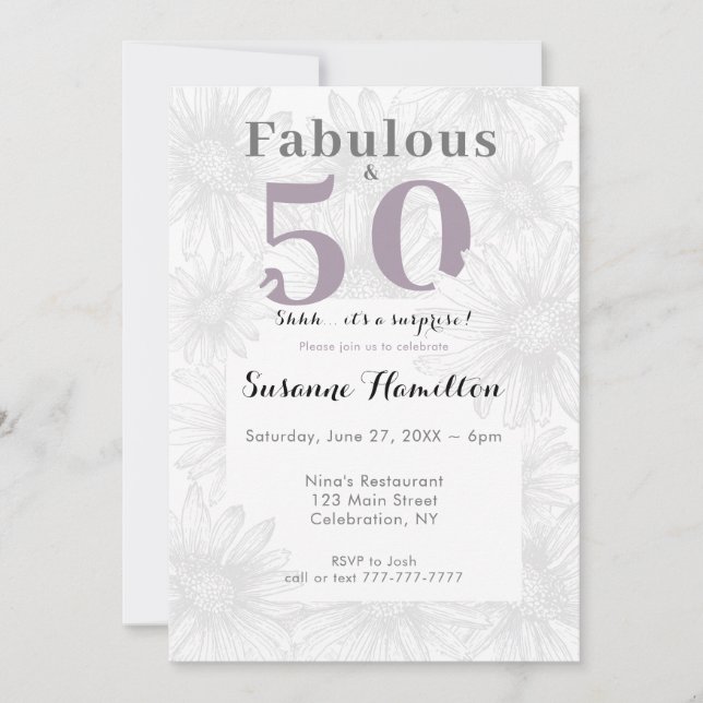 Fabulous & Fifty Simple Flower Gray Invitation (Front)