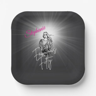Fabulous Fifty Woman Black Sketch 50th Birthday Paper Plates