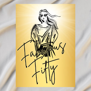 Fabulous Fifty Woman Gold Sketch 50th Birthday Invitation