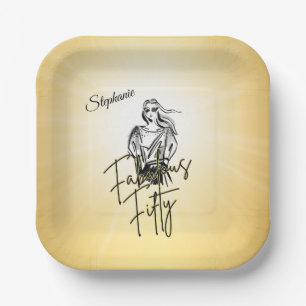 Fabulous Fifty Woman Gold Sketch 50th Birthday Paper Plates