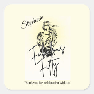 Fabulous Fifty Woman White Sketch 50th Birthday Square Sticker