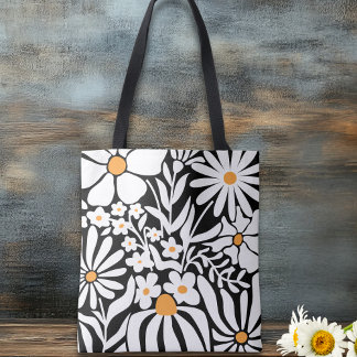 Fabulous Floral Black and White Abstract Tote Bag