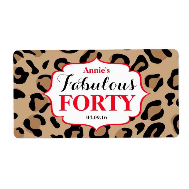 Fabulous Forty Birthday Red Leopard Water Bottle Label (Front)