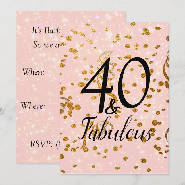 Fabulous Forty Pink Stars Gold Confetti Birthday Invitation (Front/Back)
