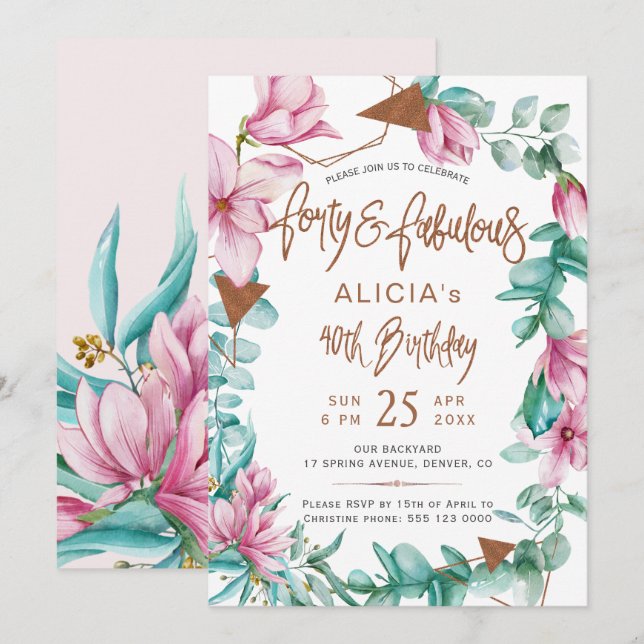 Fabulous Forty watercolor floral 40th birthday Invitation (Front/Back)
