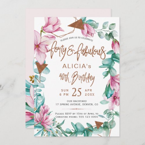 Fabulous Forty watercolor floral 40th birthday Invitation